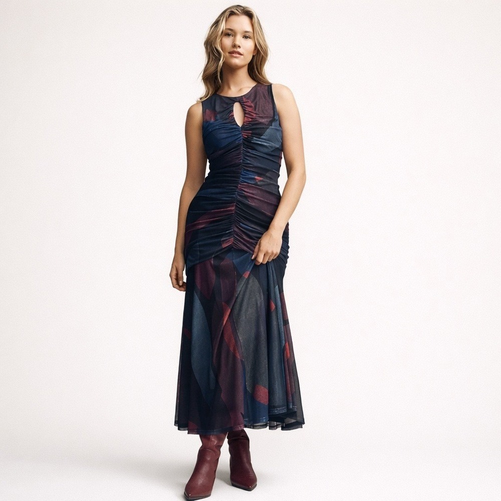 Hutch Purple Blue Abstract‎ Mesh Ruched Keyhole Maxi Dress Womens Large NWT - Picture 2 of 9